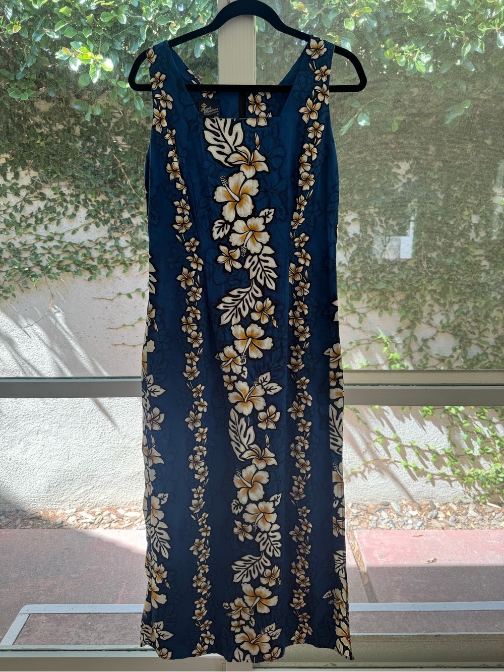 Vintage 80s 90s Royal Creations Hawaiian Maxi Dress Gold Tag Hibiscus Panel Blue